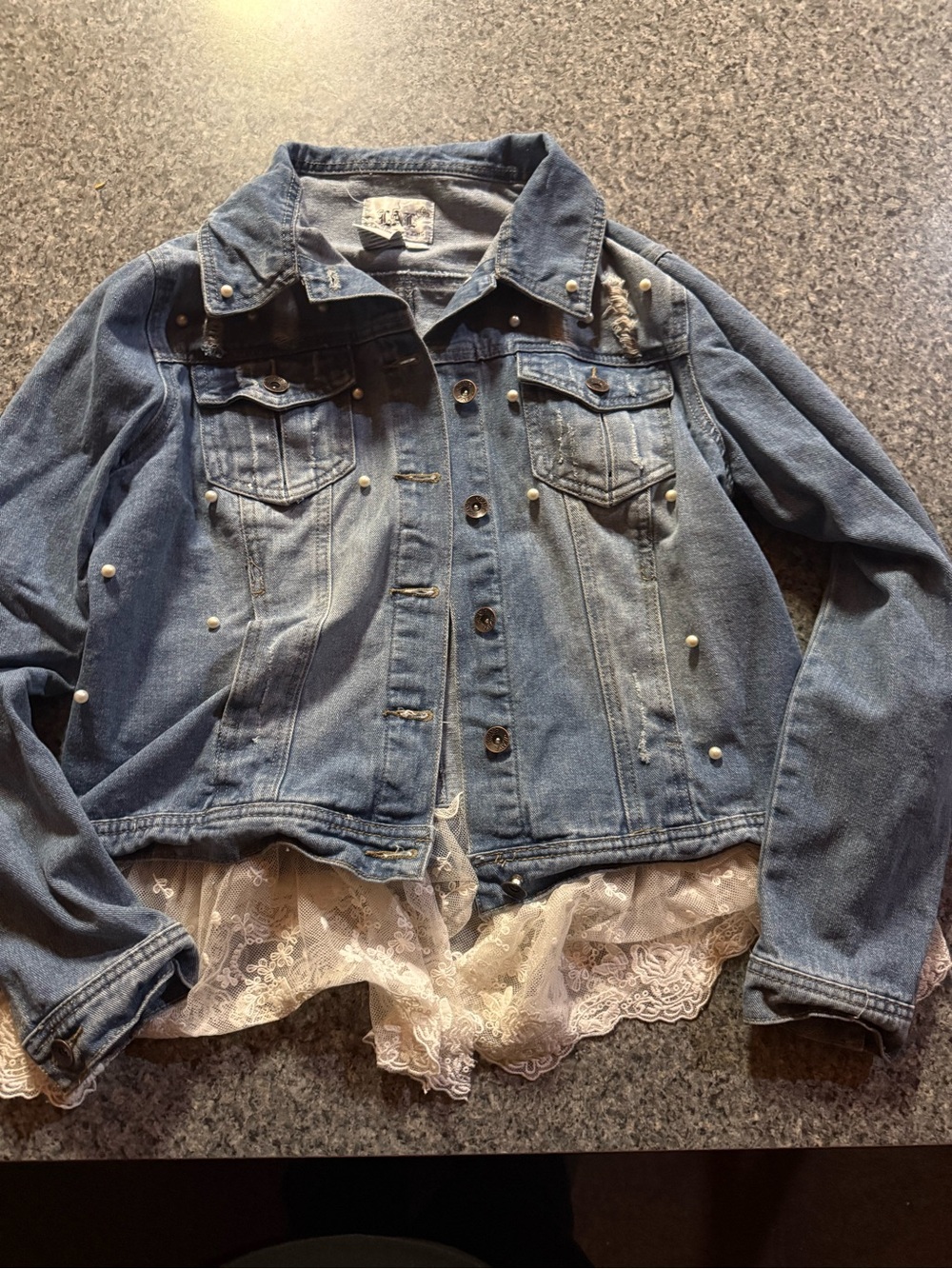 Live a Little Blue Denim Jacket with Pearl Studs and Lace Trim